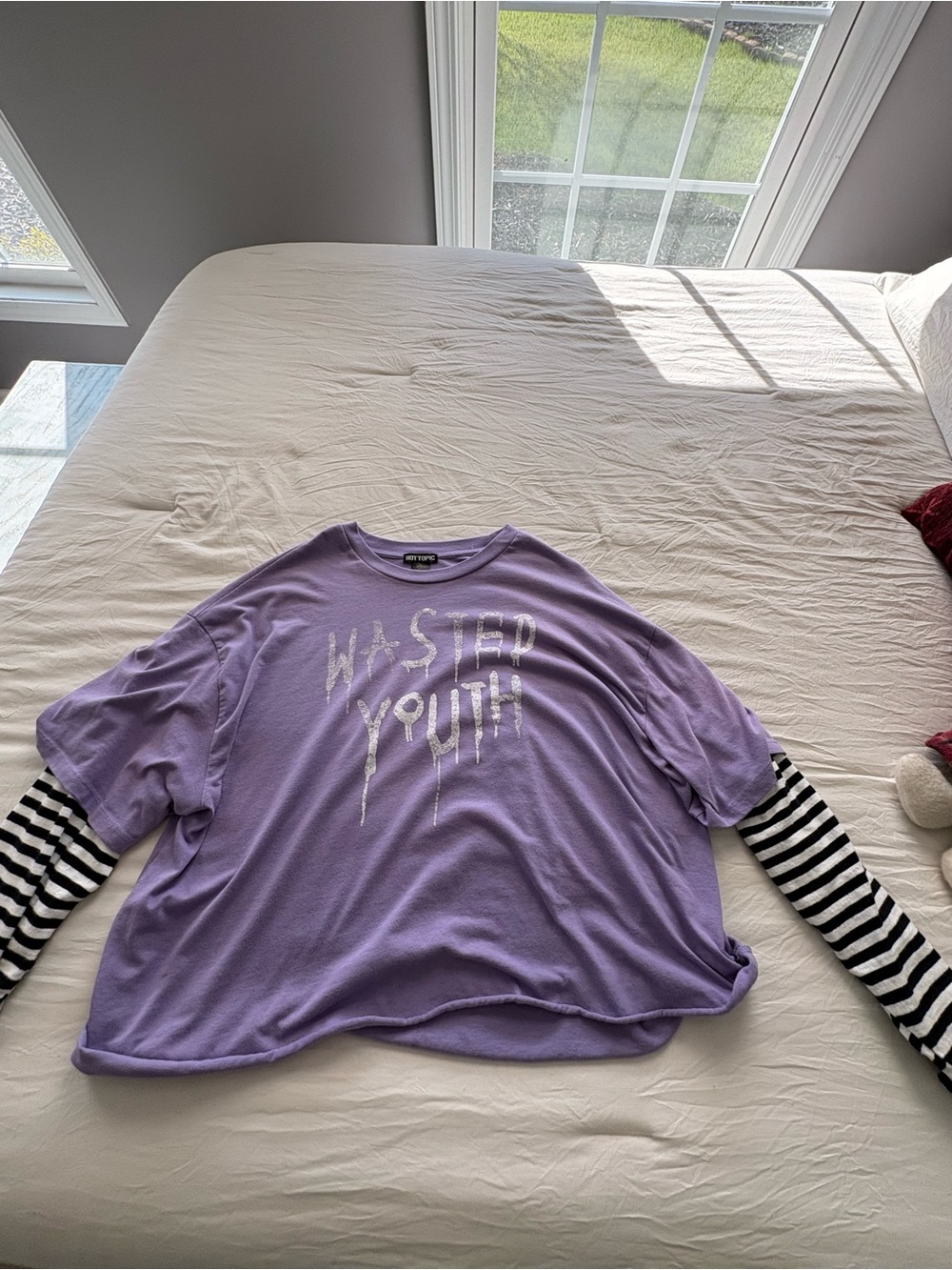 Hot Topic Lavender Wasted Youth Layered-Look Tee with Striped Sleeves